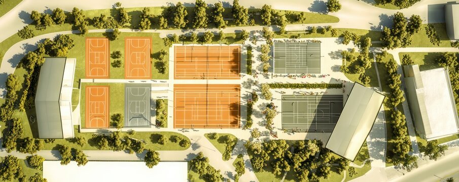 Architectural plan for a community-focused recreation center, including multi-sport courts, fitness areas, and spaces for community events