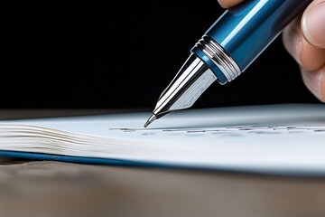 A hyper-realistic close-up of a pen writing in a journal, capturing the texture of the paper and the flow of ink as the story unfolds