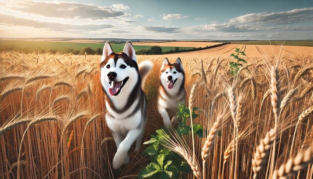 Happy husky dog ​​on nature in a field with growing wheat. - Powered by Adobe