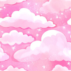pink sky with clouds. Glittery. pink background. Cartoon theme 