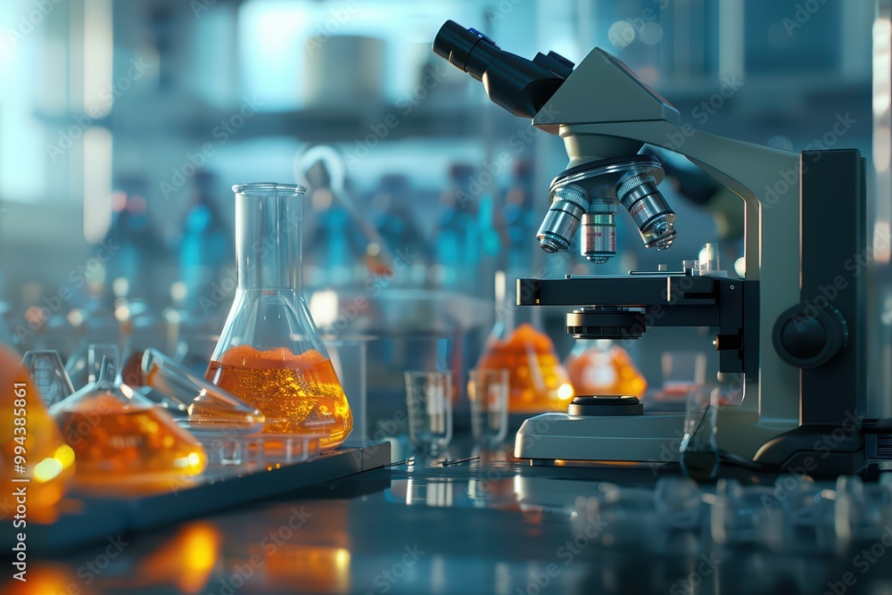 Aufkleber a close-up of a modern microscope surrounded by colorful lab flasks in a bright laboratory setting.