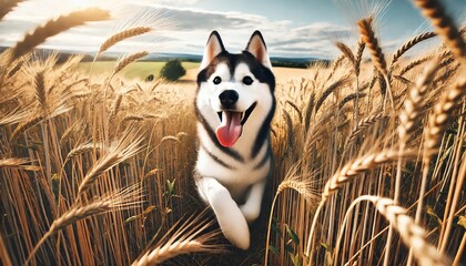 Happy husky dog ​​on nature in a field with growing wheat.