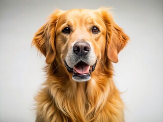 Playful golden retriever dog posing on a clean white background, showcasing its friendly demeanor