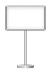 Fototapeta premium White signboard with metal pole isolated on a transparent background. Rectangular signpost. 3D metal roadside pointer. Blank billboard 