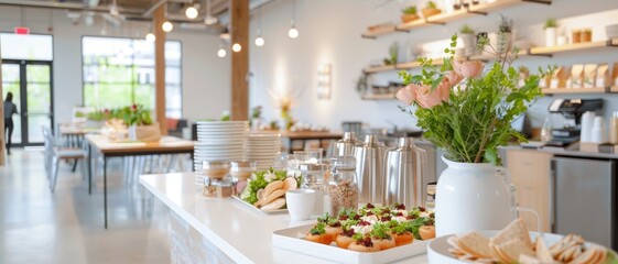 A bright, inviting caf&eacute; featuring fresh food displays, greenery, and a modern interior, perfect for relaxation and socializing.