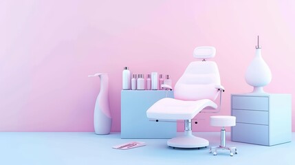 A modern beauty salon interior featuring pastel colors, a comfortable chair, and various skincare products for relaxation.