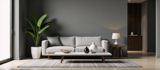 Poster design featuring a minimalist living room setup a small gray sofa and a marble coffee table filled with home dcor items rendered in a realistic 3D illustrative style