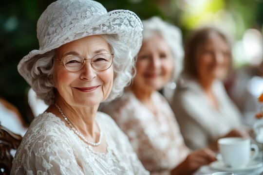A delightful outdoor tea party featuring seniors in pastel attire enjoying a cheerful gathering in an elegant garden setting filled with nature's beauty