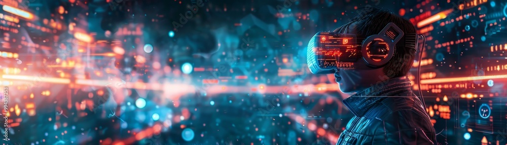 Poster a futuristic scene featuring a person wearing a vr headset, immersed in a vibrant digital environmen