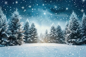 Fototapeta premium A serene winter landscape with snow-covered trees under a starry night sky, creating a magical and peaceful atmosphere.