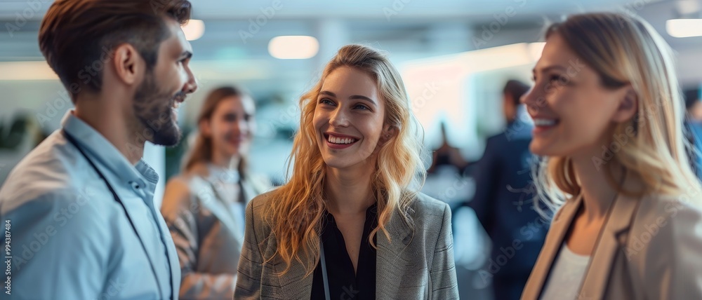 Poster a lively networking event featuring professionals engaging in conversation, with smiles and a vibran