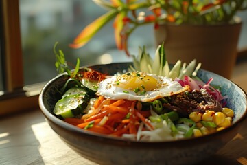 A vibrant bowl of fresh vegetables topped with a sunny-side-up egg, perfect for a healthy meal or snack.
