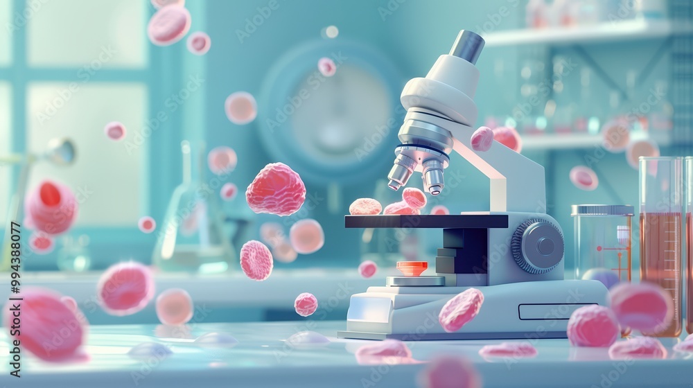 Poster a vibrant laboratory scene showcasing a microscope surrounded by floating cells, illustrating scient