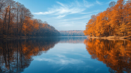 Reflections on Water, an image of calm water reflecting the sky and trees, symbolizing introspection during the new year, with copy space, Rosh Hashana