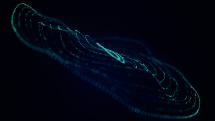 Abstract background with dynamic wave. Circular wave of dots. Musical sound wave. Dark background. Big data visualization. Plexus. Vector illustration.