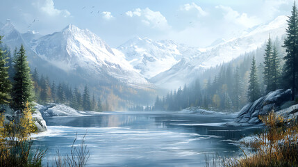 Fototapeta premium Panoramic view of the lake in the mountains with snow.