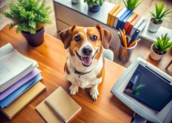 Playful office dog sitting at a desk amidst paperwork, adding joy to the workplace environment