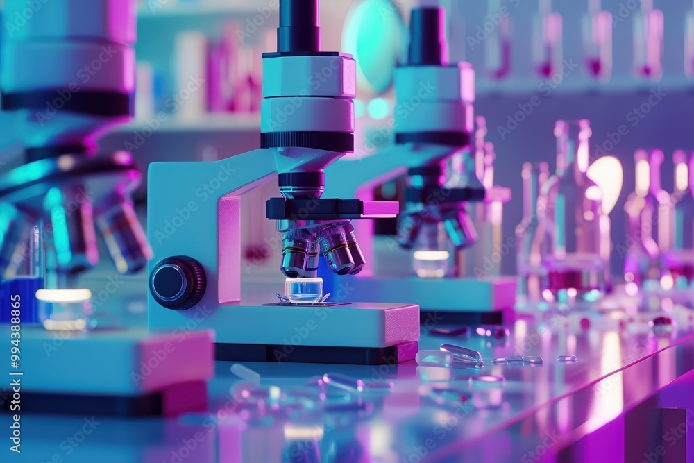 Poster close-up of modern microscopes in a vibrant laboratory setting with illuminated glassware and scient