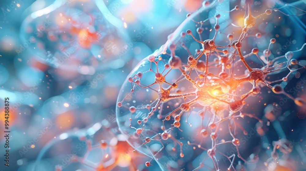 Poster close-up view of abstract cells with intricate networks, highlighting vibrant connections and glowin