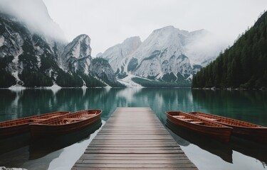Obraz premium Tranquil morning at a mountain lake with boats docked by a wooden pier surrounded by serene nature