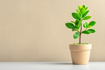 A minimalist potted plant on a clean surface, with a simple ceramic pot and a single sprouting plant