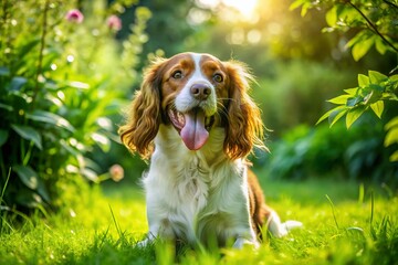 Playful Spaniel Dog in a Lush Green Garden Enjoying a Sunny Day with a Wagging Tail and Joyful