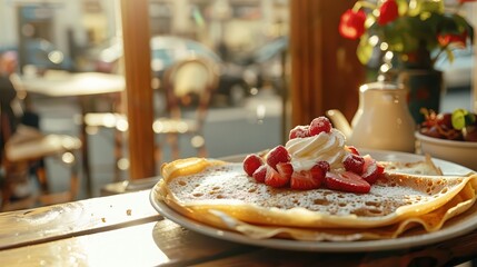 Delicious crepe topped with fresh strawberries and whipped cream, perfect for breakfast or dessert in a cozy cafe setting.