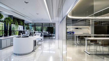 Obraz premium A modern office with a white reception desk and chairs