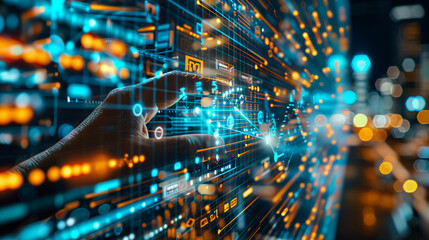 Futuristic Digital Interaction, Hand touching internet particles