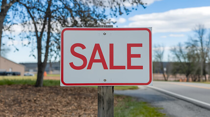 Red "SALE" sign on a wooden post, advertising a sale event, evoking excitement and anticipation. 
