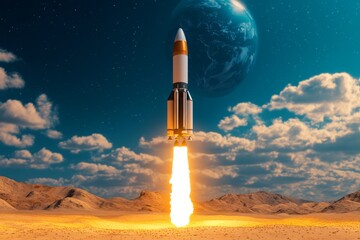 Naklejka premium A rocket launching from a Mars base, returning to Earth after a successful mission