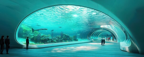 Architectural plan of a futuristic aquarium, featuring immersive underwater viewing tunnels and sustainable marine species management