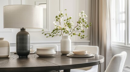 Modern dining area with a stylish lamp, elegant tableware, and decorative floral arrangement during daylight