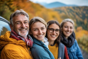 Obraz premium Family is posing for a photo while taking a break from their road trip