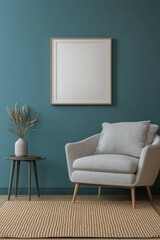 A cozy corner with a gray armchair and a plant against a teal wall in a modern interior space