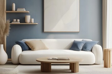 A serene minimalist living room showcasing blue and beige furnishings, a white sofa, and simple decor, embodying a clean design concept perfect for tranquil spaces