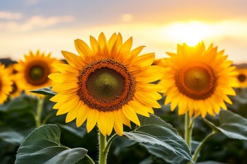 Obraz premium A sunflower field at sunset, with the flowers facing the golden light as it sets behind the horizon