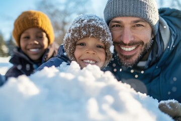 Happy family is spending winter holidays together having fun outdoors