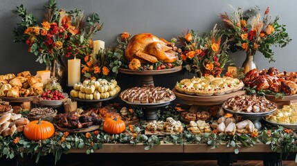 Fototapeta premium A beautifully arranged buffet table featuring Thanksgiving dishes like roasted turkey, pies, and seasonal vegetables. The table is decorated with fall flowers, pumpkins, and candles, creating a festiv