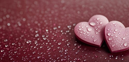 Obraz premium Two pink hearts on a wet surface with water droplets, ideal for romance and love occasions