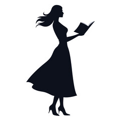a woman standing and reading a book. She is wearing a long dress and has long hair that is flowing in the wind, vector silhouette, 