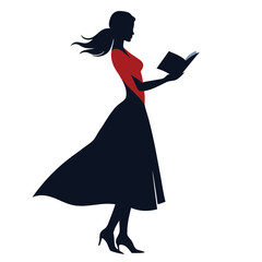 a woman standing and reading a book. She is wearing a long dress and has long hair that is flowing in the wind, vector silhouette, 