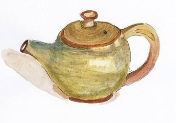 Watercolor Painting of a Ceramic Teapot, Isolated on White Background, Illustration