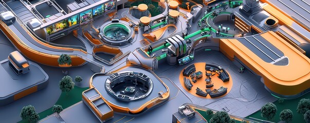 Architectural plan of a virtual reality entertainment complex, detailing immersive gaming arenas, social interaction spaces, and advanced VR equipment setups