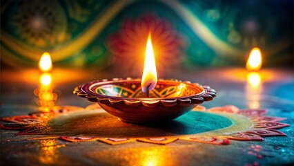 A beautifully lit oil lamp glowing in the dark, surrounded by vibrant colors and decorative...