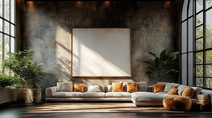 3d render of a stylish frame mockup against a contemporary home interior showcasing an empty canvas ready for personalization set in a chic and inviting atmosphere