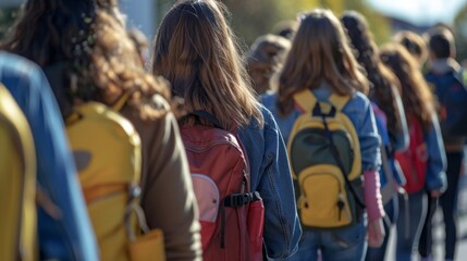 Obraz premium Students in Line with Colorful Backpacks Awaiting Adventure
