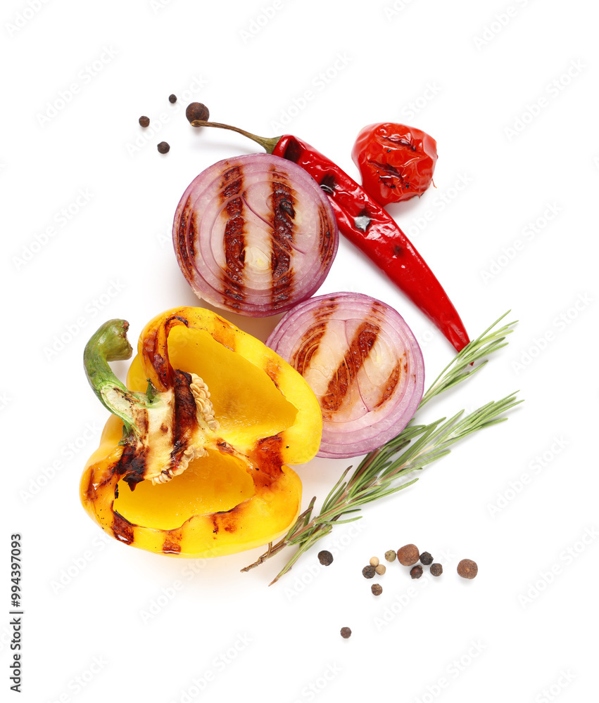 Wall mural tasty grilled tomato, onion, chili and bell peppers on white background