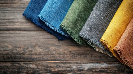 Colorful fabric samples on wooden surface