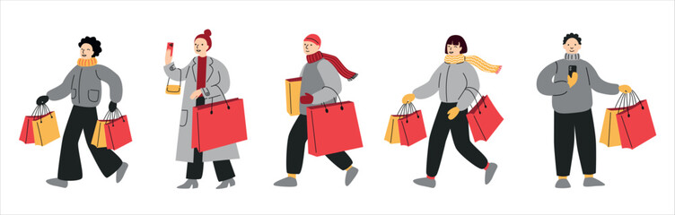 People with red shopping bags. Black Friday promotion. Winter and Christmas sale. Group of Shoppers.